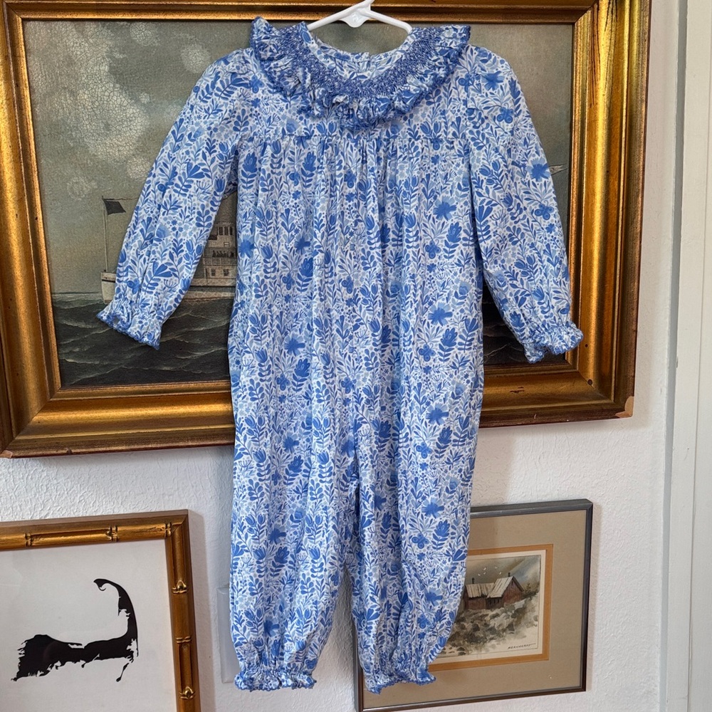 Blue and white floral romper